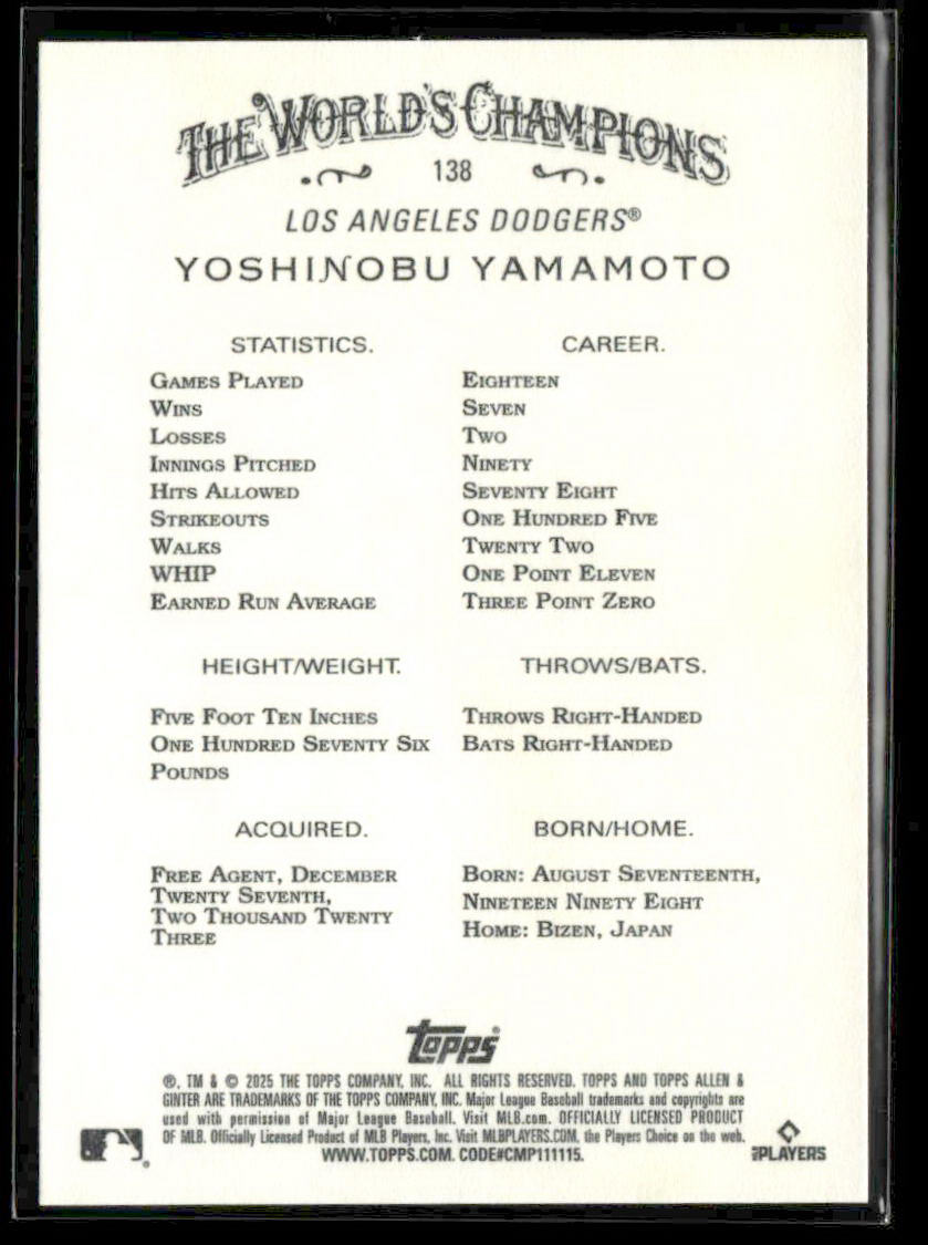Baseball card featuring statistics of Yoshinobu Yamamoto with branding and text elements.