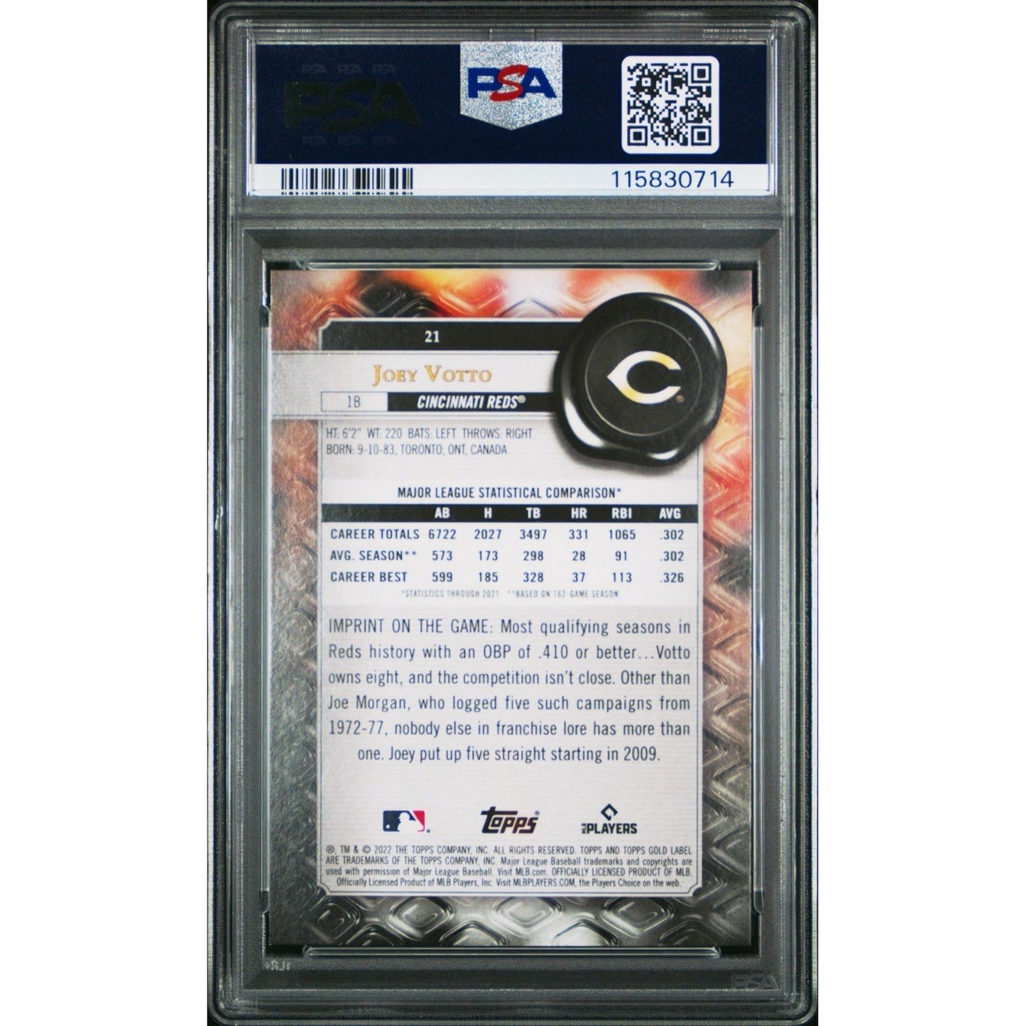 2022 Topps Gold Label #21 Joey Votto Class 2 Blue /99