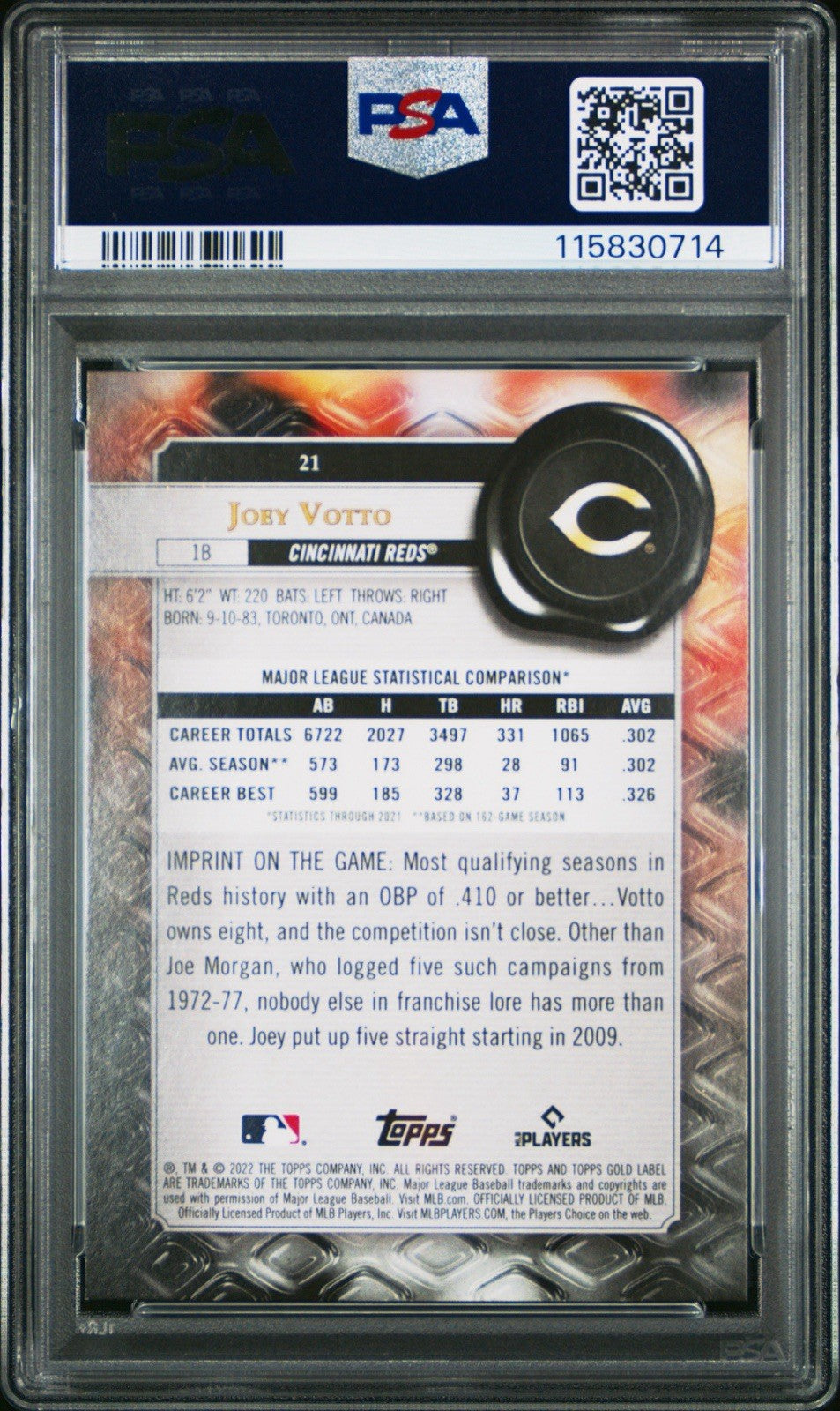 2022 Topps Gold Label Class 2 Blue #21 Joey Votto /99 PSA Mint 9