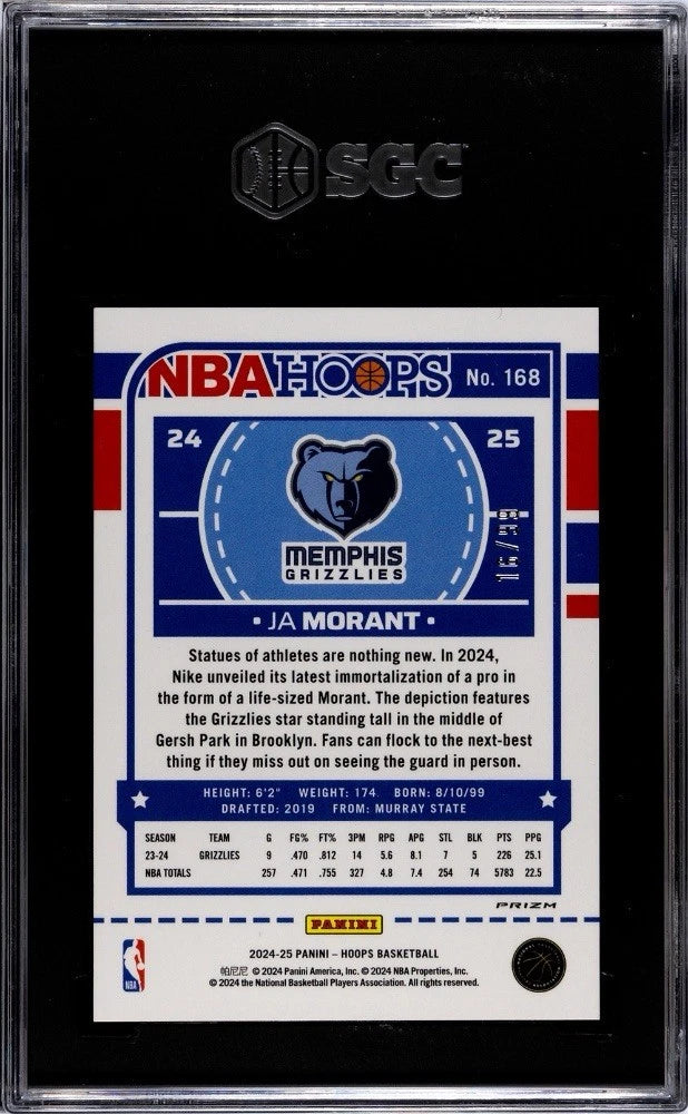 2024-25 Panini NBA Hoops #168 Ja Morant Red Lazer Prizm /99 SGC 10 Gem Mint