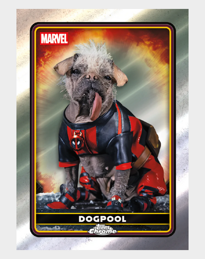 Dog in a Deadpool costume on a Marvel-themed card with a metallic background